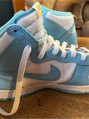 Nike High-Top Sneakers in Sky Blue & White with Yellow Tongue Tab